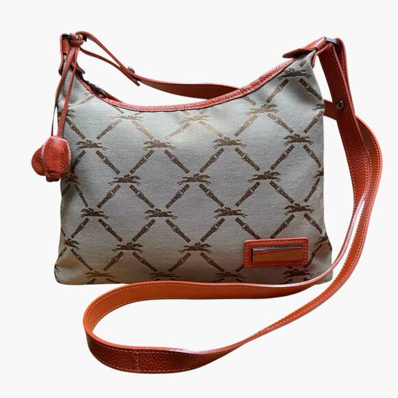 Longchamp Brown Canvas Horse Print Shoulder Crossbody Bag Orange Leather Strap - Picture 1 of 10